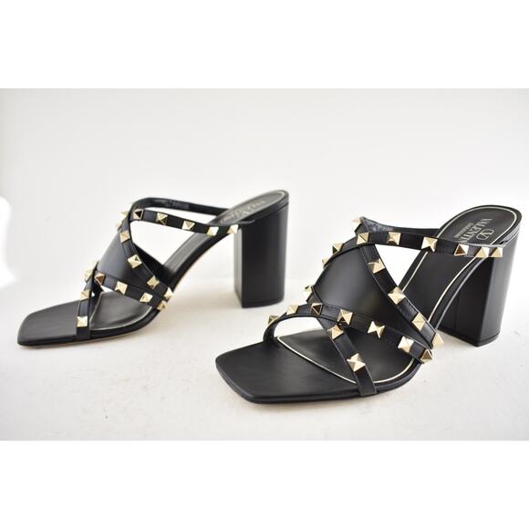 Valentino Rockstud Crisscross Leather Black Strappy Pump Block Heel Sandal 38.5 - Picture 12 of 14